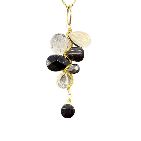 Quartz Stone Black Beaded Wire Pendant Y Drop Chain Necklace Gold Tone - Picture 2 of 8